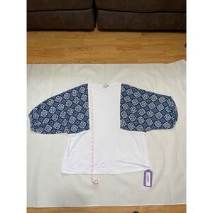 White Top With Blue‎ Geometric Print Bell Sleeves Women's